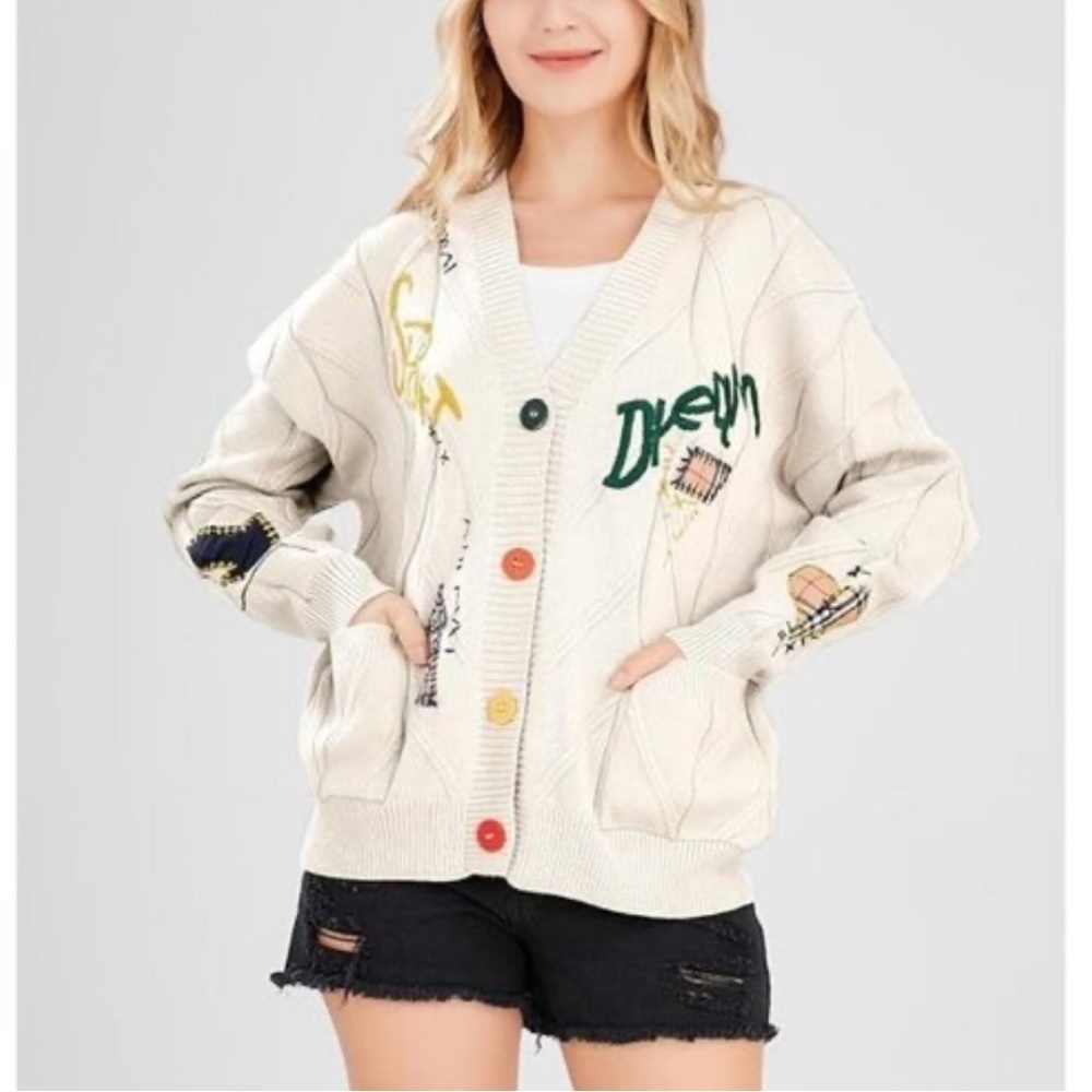 Anrabess Cream Cardigan with Embroidered Accents Lettering Patchwork Thick